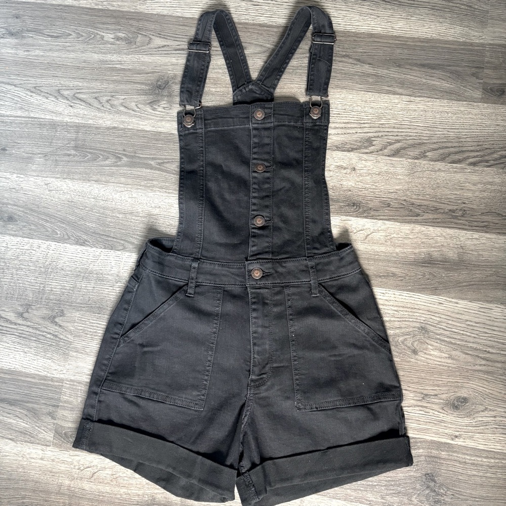 Black Women's Denim Short Overalls - Classic Pinafore Shorts